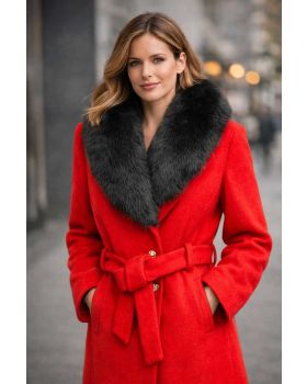 Vlnený kabát s pravou kožušinou REBECCA FUR red/black