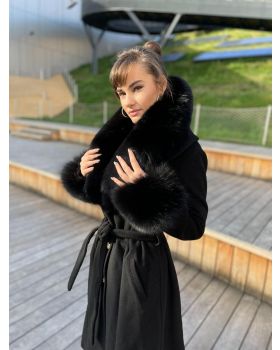 Vlnený kabát s pravou kožušinou REBECCA black
