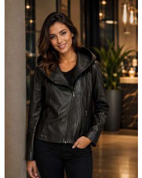 Dámska kožená bunda 2154 hood black